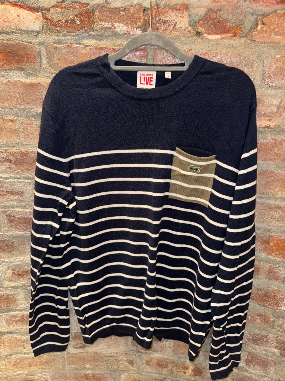 Lacoste Striped Navy and White Crewneck Sweater with Olive Pocket